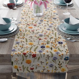 Wildflowers Table Runner, Floral Table Decor, Spring/Summer Kitchen Table Runner, Cotton or Poly 2 sizes, Faux Embroidery Printed Design