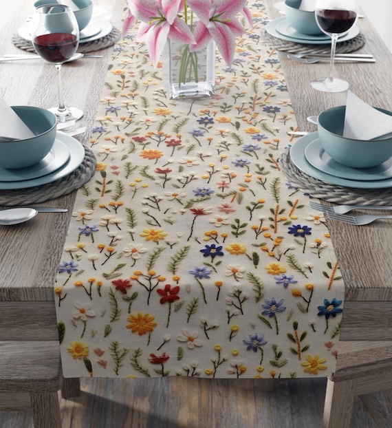 Wildflowers Table Runner, Floral Table Decor, Spring/Summer Kitchen Table Runner, Cotton or Poly 2 sizes, Faux Embroidery Printed Design