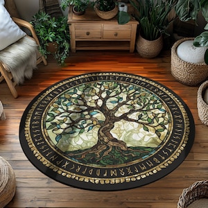Round Rug with Tree of Life Norse Circle, Nature-Inspired Floor Décor for Living Room, Yoga Space, Meditation, 60"x60", Printed Design