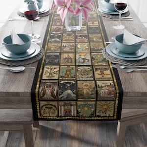 Chemin de table cartes de tarot mystique, décoration de table de cuisine, linge de table en coton ou poly 2 tailles Décoration de sorcière Cadeaux Cadeau pour hôtesse, Design imprimé