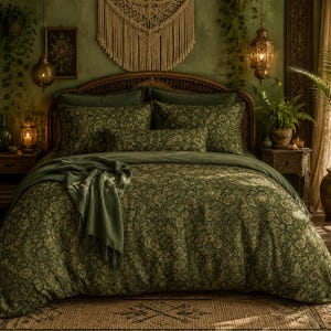 May include: A dark green bedding set featuring a dense floral pattern in shades of olive and cream. The set includes a duvet cover, two standard pillows, and a long rectangular bolster pillow, all draped with a solid dark green throw blanket.