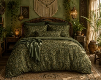 Floral Duvet Cover & Pillow Covers, William Morris Inspired Bedding, Olive Green Damask Bedding Set, Twin, Queen, King Sizes, Printed Design