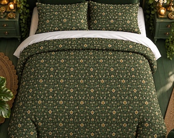 William Morris Inspired Floral Duvet Cover, Matching Pillow Covers, Green Botanical 100% Cotton Cottagecore Bedding Set, King, Queen, Twin
