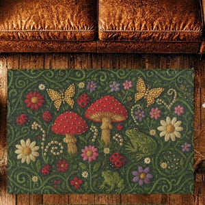 May include: A rectangular area rug featuring a dark green background with a repeating pattern of red mushrooms with white spots, yellow butterflies, small green frogs, red ladybugs, and various colourful flowers including daisies.