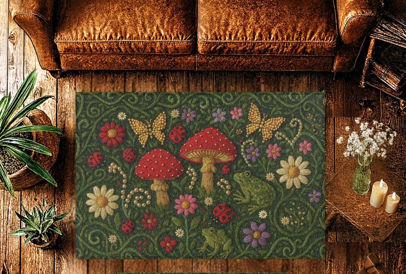 May include: A rectangular area rug featuring a dark green background with a repeating pattern of red mushrooms with white spots, yellow butterflies, small green frogs, red ladybugs, and various colourful flowers including daisies.