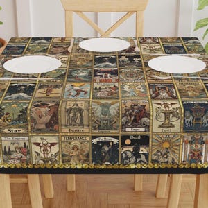 Tovaglia vintage con tarocchi, decorazione da tavolo quadrata, 130x130 cm, in poliestere, copritavolo da pranzo stregato, idea regalo per inaugurazione della casa, idea regalo di Natale