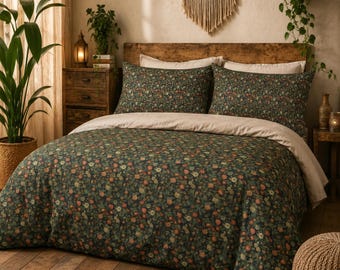 Wildflowers Bedspread Comforter, Dark Cottagecore Floral William Morris-Inspired Bedding, King & Queen, 100% Cotton or Polyester