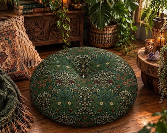 Floral Floor Cushion Seating, William Morris Inspired Round Tufted Floor Pillow, Green Meditation Cushion or Reading Nook Cushion, 2 Sizes