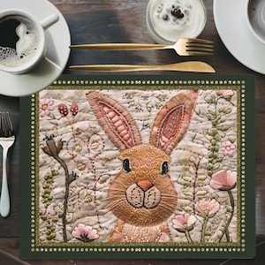 May include: A green placemat with a gold glitter border features an embroidered image of a brown rabbit with pink ears surrounded by pink and green flowers.