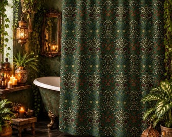 William Morris Inspired Floral Shower Curtain, Vintage Green Botanical Bath Curtain, 74" x 71"
