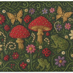 May include: A rectangular mat featuring an embroidered forest scene on a dark green background. The design includes two red mushrooms, two green frogs, two gold butterflies, several ladybugs, and various colourful flowers with white beads.