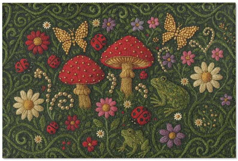 May include: A rectangular mat featuring an embroidered forest scene on a dark green background. The design includes two red mushrooms, two green frogs, two gold butterflies, several ladybugs, and various colourful flowers with white beads.