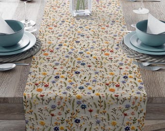 Chemin de table fleurs sauvages, décoration de table florale fausse broderie, chemin de table déco cuisine printemps/été, coton ou poly 2 tailles