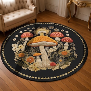 Mushroom Rug for Bedroom or Living Room, Colorful Rug with Faux Embroidery, CottageCore Lover Gift, Magic Mushroom Gift, Goblincore Rug Gift