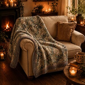 Floral Woven Blanket, Vintage Style Home Decor, Jacquard Heirloom Tapestry Throw, Cottagecore Decor Gift for Weddings or Housewarming image 2