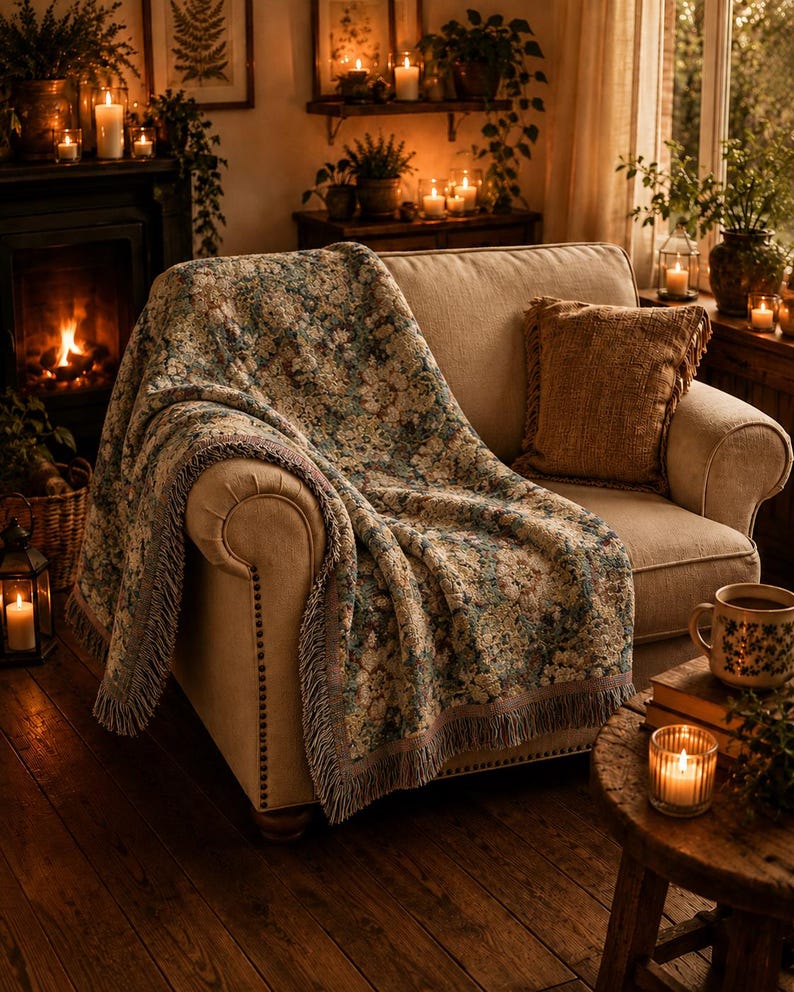 Floral Woven Blanket, Vintage Style Home Decor, Jacquard Heirloom Tapestry Throw, Cottagecore Decor Gift for Weddings or Housewarming image 2