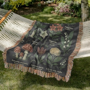 Witchy Botanic Woven Blanket - Poison Garden Tapestry Throw Blanket, 100% Cotton Tapestry Wall Hanging, Halloween Blanket, Witchy Decor Gift