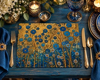 Klimt-Inspired Meadow Placemat, Blue & Gold Art Nouveau Table Mat, 100% Cotton Twill Eco-friendly Dining Table Decor, 18"x14"