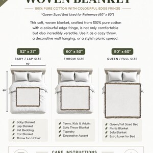 May include: A woven blanket made of 100% pure cotton with colorful edge fringe. The image displays three size options: 52 inches by 37 inches, 60 inches by 50 inches, and 80 inches by 60 inches, shown as overlays on beds. Includes care instructions.