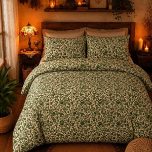 May include: A bedding set featuring a white duvet cover and two matching pillowcases with a dense green botanical floral pattern. The fabric displays intricate illustrations of leaves and flowers covering the entire surface of the bed linens.