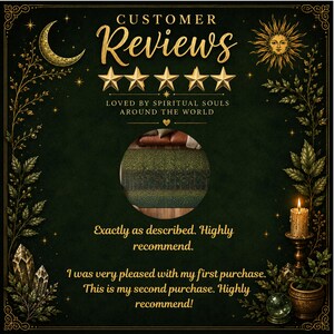 May include: A customer review graphic featuring a dark green background with gold celestial motifs, including a crescent moon and sun. It displays five gold stars, text reading "CUSTOMER Reviews," and two written testimonials about a forest-themed rug.