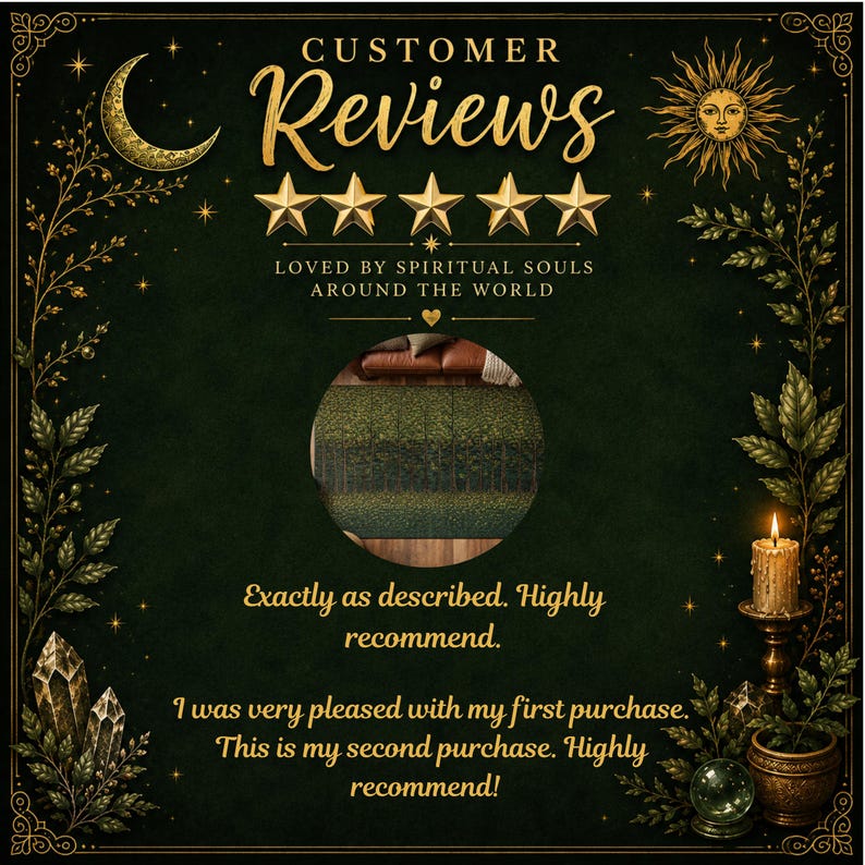 May include: A customer review graphic featuring a dark green background with gold celestial motifs, including a crescent moon and sun. It displays five gold stars, text reading "CUSTOMER Reviews," and two written testimonials about a forest-themed rug.