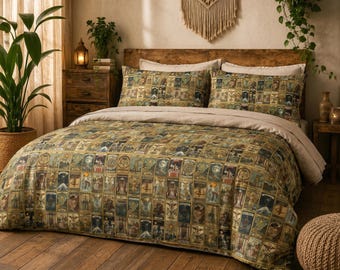 Set di biancheria da letto con copripiumino e federe a tema tarocchi, 100% cotone, disponibile nelle misure King, Queen e Twin, con stampa.