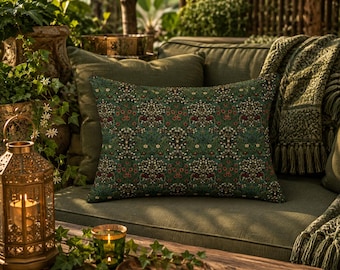 Floral Lumbar Pillow, Botanical Throw Pillow, William Morris Inspired Vintage Green Bolster Pillow, Cottagecore Home Decor, 20"x 14"