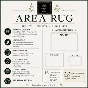 May include: An informational product graphic for an area rug by Styled by Spirit. It lists features including 100% polyester chenille, low profile, hemmed edges, coated backing, and vibrant dye sublimation print. Available sizes are 72" x 48", 60" x 36", and 36" x 24".