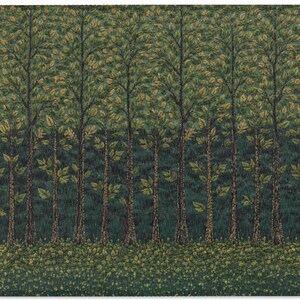May include: A rectangular woven textile featuring a repeating pattern of tall, slender trees with dark brown trunks and textured green and gold foliage. The ground is covered in a dense layer of small, scattered yellow and green fallen leaves.
