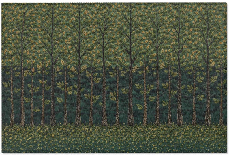 May include: A rectangular woven textile featuring a repeating pattern of tall, slender trees with dark brown trunks and textured green and gold foliage. The ground is covered in a dense layer of small, scattered yellow and green fallen leaves.