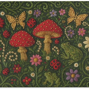 May include: A rectangular doormat featuring a dark green background with embroidered motifs of two red-capped mushrooms, two green frogs, yellow butterflies, red ladybugs, and various colourful flowers connected by swirling vine patterns.