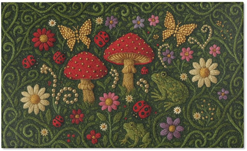 May include: A rectangular doormat featuring a dark green background with embroidered motifs of two red-capped mushrooms, two green frogs, yellow butterflies, red ladybugs, and various colourful flowers connected by swirling vine patterns.