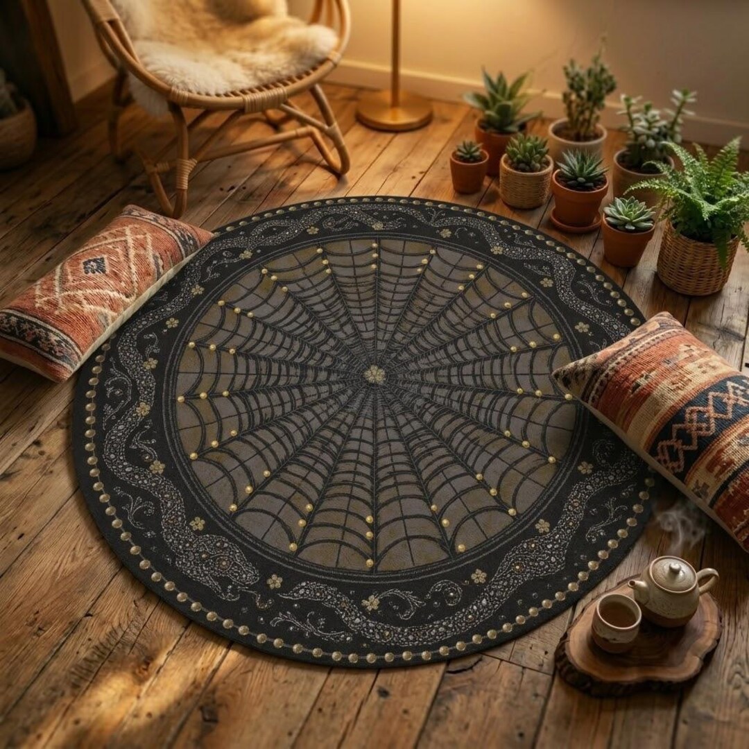 Round Gothic Rug Witchy Spider Web & Snake Gothic Rug, Come Into My Parlour Round Area ...