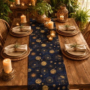 May include: A dark blue table runner featuring a gold celestial pattern of suns and moons, laid on a rustic wooden dining table set with four beige plates, linen napkins, woven placemats, and several lit pillar candles in various holders.