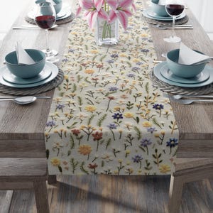 Wildflowers Table Runner, Floral Table Decor, Spring/Summer Kitchen Table Runner, Cotton or Poly 2 sizes, Faux Embroidery Printed Design image 6