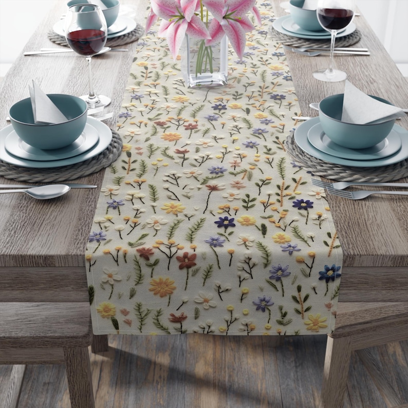 Wildflowers Table Runner, Floral Table Decor, Spring/Summer Kitchen Table Runner, Cotton or Poly 2 sizes, Faux Embroidery Printed Design image 6