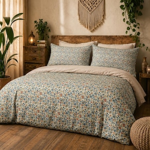 Blommigt överkast, täcke och örngott, William Morris-inspirerat sängkläder i cottagecore, king size-, queen size- och twin-storlekar, 100 % bomull