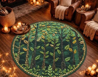 Forest Rug, Round Rugs for Living Room, Rugs for Bedroom, 60”x60” Cottagecore Aesthetic Room Decor, Faux Embroidery Printed Design