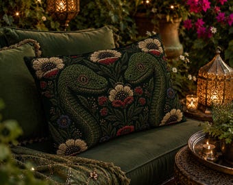 Snake Outdoor Pillow, Botanical Serpent Lumbar Pillow for Garden, Patio Throw Cushion, Water Resistant, Printed Faux Embroidery, 20" x 14"