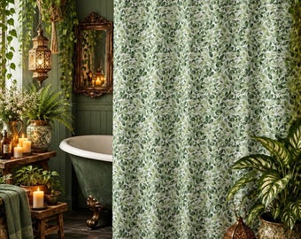 Green Leaf Shower Curtain, Botanical Cottagecore Bathroom Decor, Nature-Inspired Fabric Bath Curtain, 74" x 71”