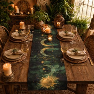 May include: A dark green table runner featuring a celestial pattern of golden suns and moon phases, laid across a wooden dining table set with white plates, linen napkins, wine glasses, and several lit pillar candles in glass and metal holders.