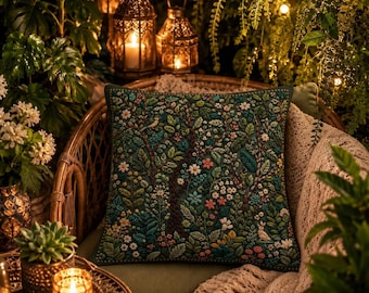 Forest Outdoor Pillow, Botanical Green Garden Throw Cushion, Water-resistant Cottagecore Patio Decor, 3 Sizes, Printed Faux Embroidery