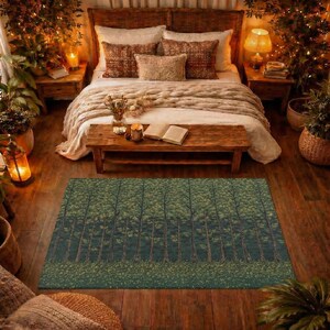 May include: A rectangular area rug featuring a repeating forest pattern with vertical tree trunks in shades of dark green and teal, accented by a textured ground layer of small golden-yellow leaves across the bottom edge of the rug.