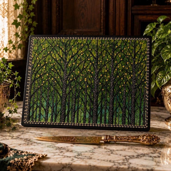 Forest Glass Cutting Board, Green Woodland Charcuterie Board, Challah Board, Serving Tray, Print on Tempered Glass, 2 Sizes
