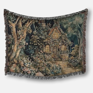 Fairy Cottage Woven Throw Blanket Tapestry Wall Hanging, 100% Pure Cotton, Sofa or Bed Cover, Wall Tapestry, 3 sizes, New Home Gift
