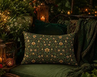 William Morris Inspired Floral Lumbar Pillow , Green Botanical Bolster Pillow, Cottagecore Home Decor, Printed Faux Embroidery, 20" x 14"
