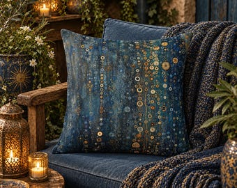 Klimt-Inspired Cosmos Cushion Cover,  Blue Art Nouveau Throw Pillow Cover,  Animal Friendly Faux Suede, 4 Sizes