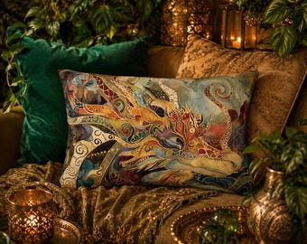 Dragon Lumbar Pillow, Klimt Inspired Bolster Pillow, Art Nouveau Home Decor, 20" x 14"