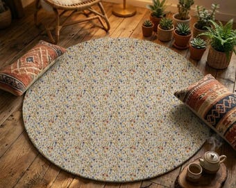 Wildflower Round Rug for Living Room, Cottagecore Rug for Bedroom, Custom Rug 60x60” Aesthetic Room Decor, Faux Embroidery Printed Design